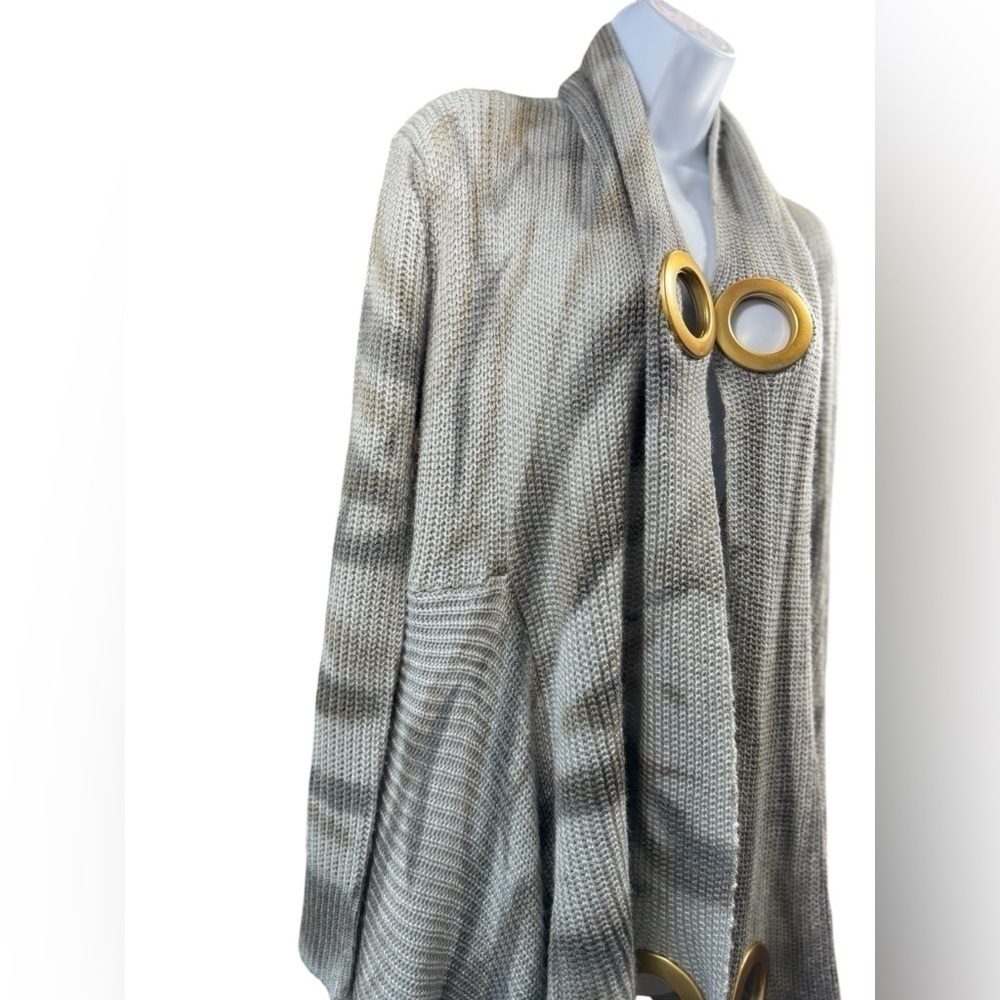 Gray Grommet Open Front Cardigan | Asymmetrical Knit Sweater Boho Style - Picture 3 of 11